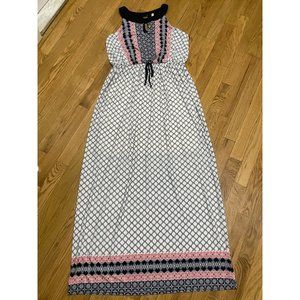 Gilli White Pink, Navy High Neck Key Hole Maxi Dress,‎ Size Large NWT
